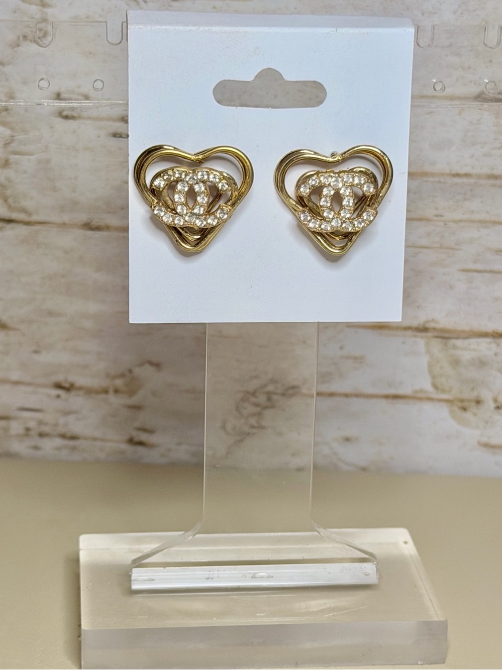 CC Gold Heart Stud Earrings with Crystal Accents